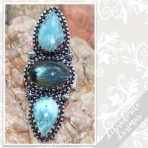 Larimar, Labradorite Large Silver Artisan Ring, Size 8.5 (Aqua Blue-Green)